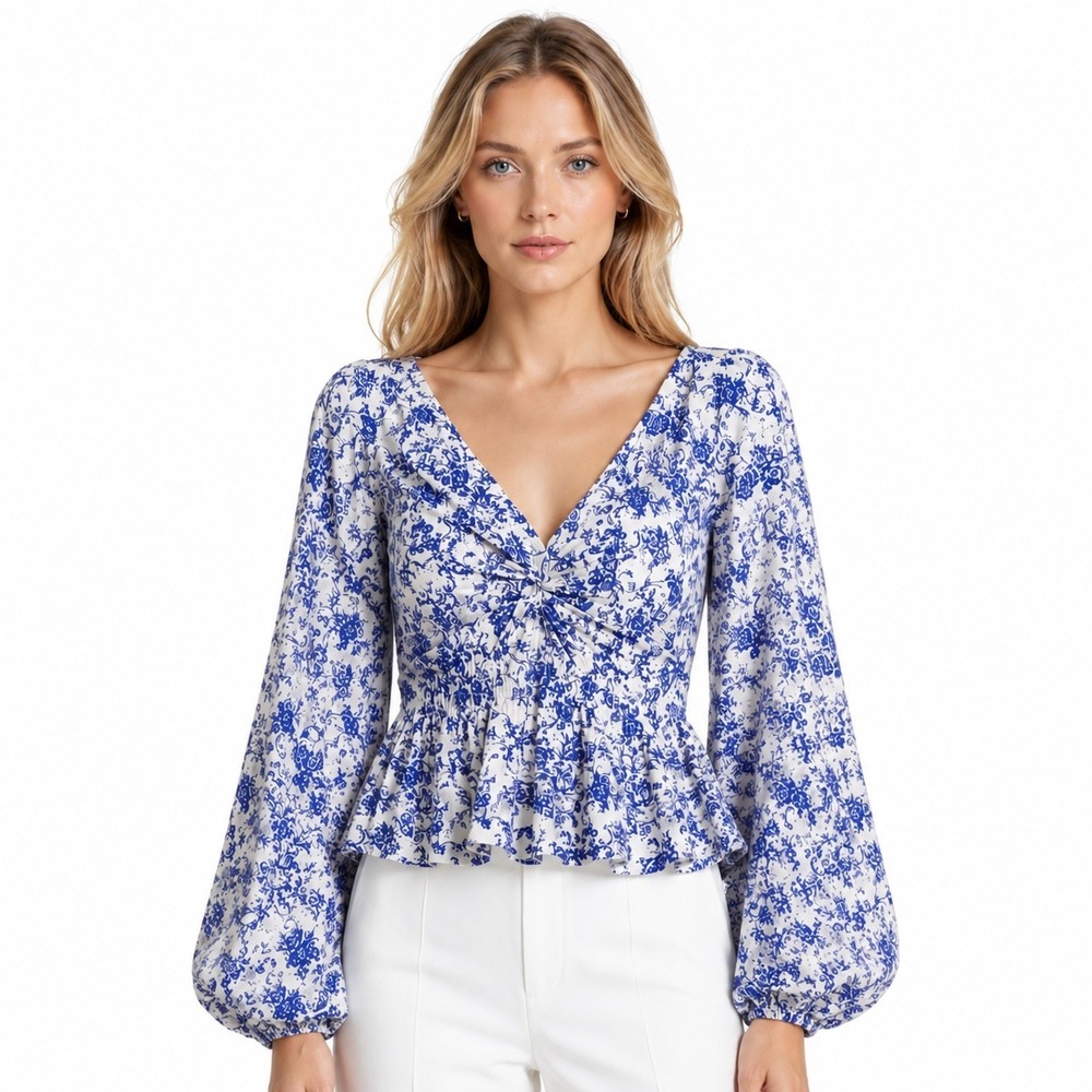 Caroline Constas Onira Blue Toile Print Peplum Puff Sleeve Top Size S NWT $395